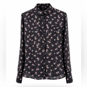 LOFT Womens Black Floral Button Down Blouse Size M Collared Long Sleeve Work Top